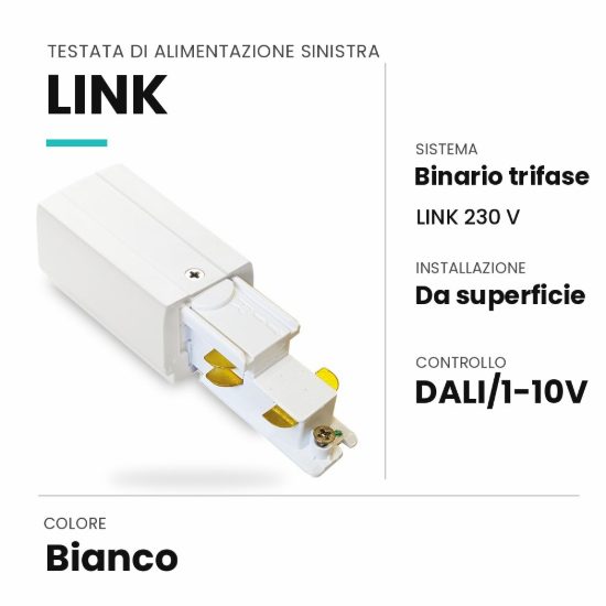 Ideal lux link testata di alimentazione sinistra per binario trifase da superficie dali/1-10v bianca