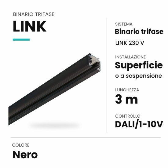 Ideal lux link binario trifase da superficie o a sospensione 3m dali/1-10v nero