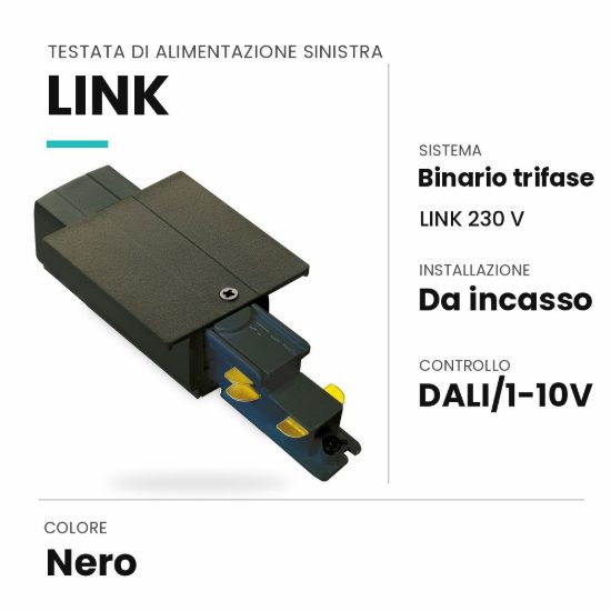 Ideal lux link testata di alimentazione sinistra per binario trifase da incasso dali/1-10v nera