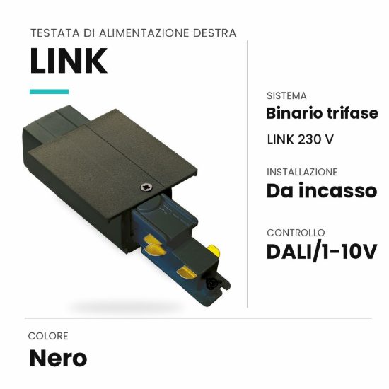 Ideal lux link testata di alimentazione destra per binario trifase da incasso dali/1-10v nera