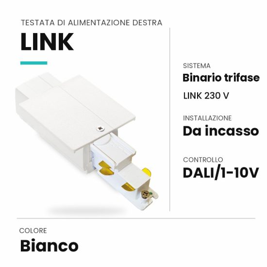 Ideal lux link testata di alimentazione destra per binario trifase da incasso dali/1-10v bianca