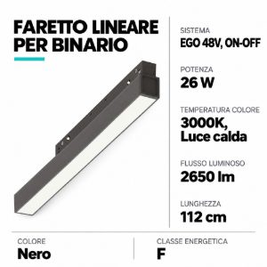 Ideal lux ego wide faretto lineare per binario led 26w 3000k 112cm on-off nero