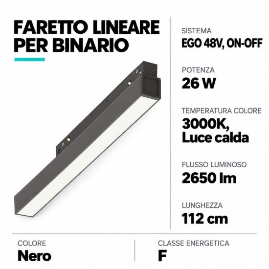 Ideal lux ego wide faretto lineare per binario led 26w 3000k 112cm on-off nero