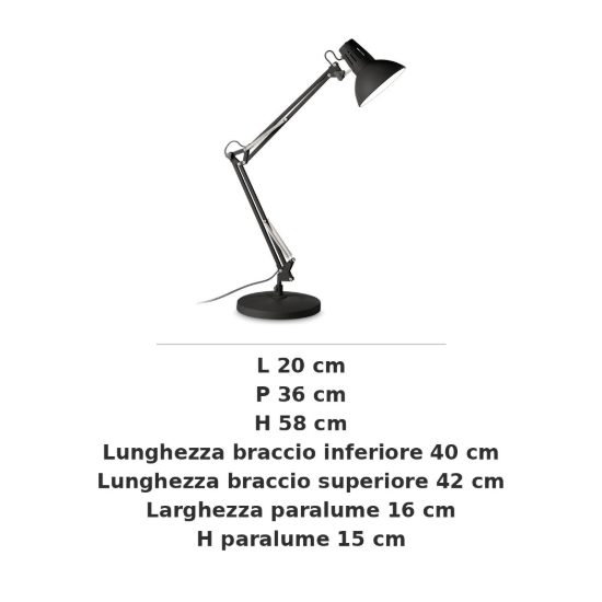 Ideal lux wally tl1 lampada da scrivania snodata e27 moderna nera