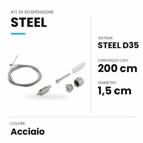 Ideal lux steel kit di sospensione 200cm per sistema lineare acciaio