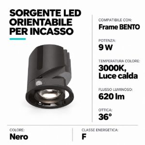Ideal lux bento sorgente led orientabile per faretti da incasso 9w 3000k 5,7cm nero
