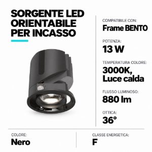 Ideal lux bento sorgente led orientabile per faretti da incasso 13w 3000k 5,7cm nero