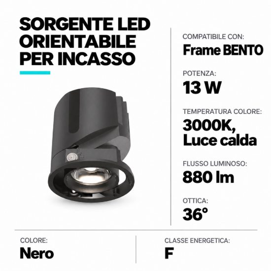 Ideal lux bento sorgente led orientabile per faretti da incasso 13w 3000k 5,7cm nero