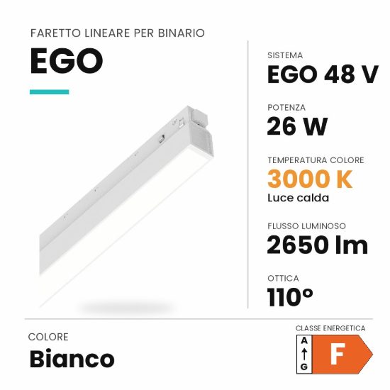 Ideal lux ego wide faretto lineare per binario led 26w 3000k 112cm on-off bianco