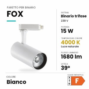 Ideal lux fox faretto per binario trifase orientabile led 15w 4000k cilindrico bianco