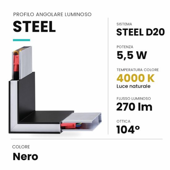 Ideal lux steel profilo angolare luminoso led 5,5w 4000k per sistema lineare nero