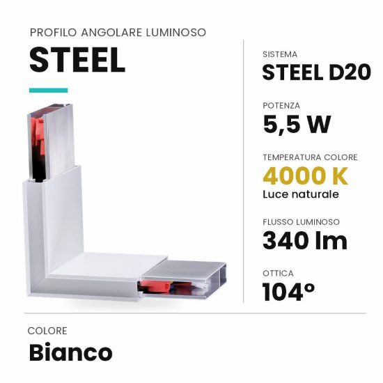 Ideal lux steel profilo angolare luminoso led 5,5w 4000k per sistema lineare bianco