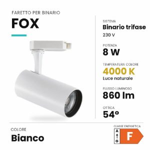 Ideal lux fox faretto per binario trifase orientabile led 8w 4000k cilindrico bianco