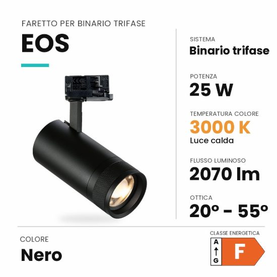 Ideal lux eos faretto per binario trifase orientabile led 25w 3000k con zoom cilindrico nero