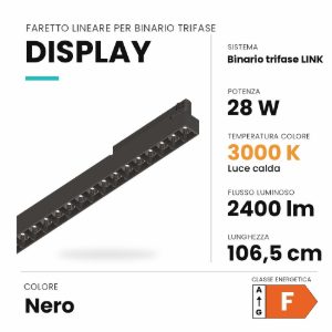 Ideal lux display lineare per binario trifase led 28w 3000k 106,5cm fascio stretto nero
