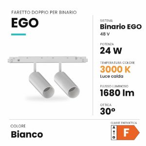Ideal lux ego faretto doppio per binario 48v orientabile led 24w 3000k bianco