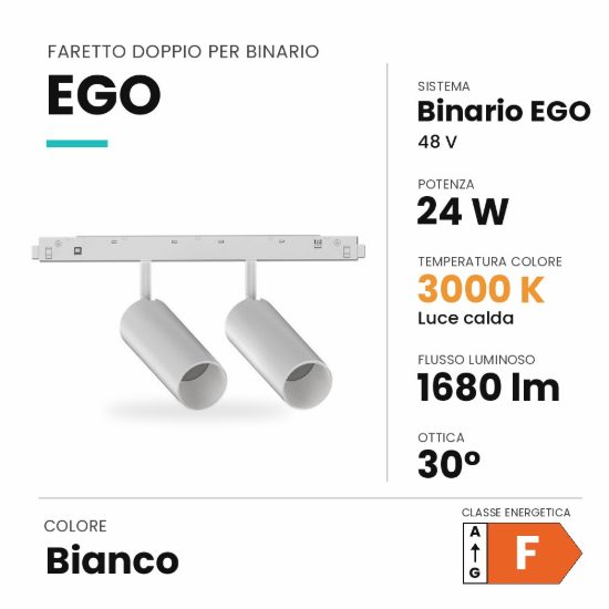 Ideal lux ego faretto doppio per binario 48v orientabile led 24w 3000k bianco