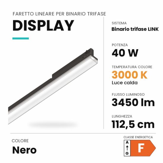Ideal lux display lineare per binario trifase led 40w 3000k 112,5cm fascio largo nero