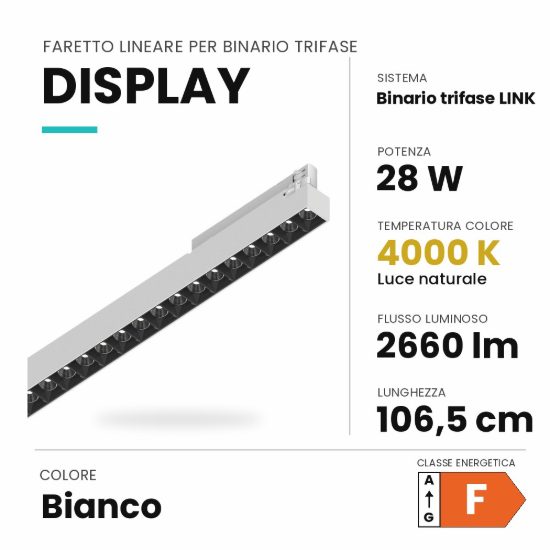 Ideal lux display lineare per binario trifase led 28w 4000k 106,5cm fascio stretto bianco