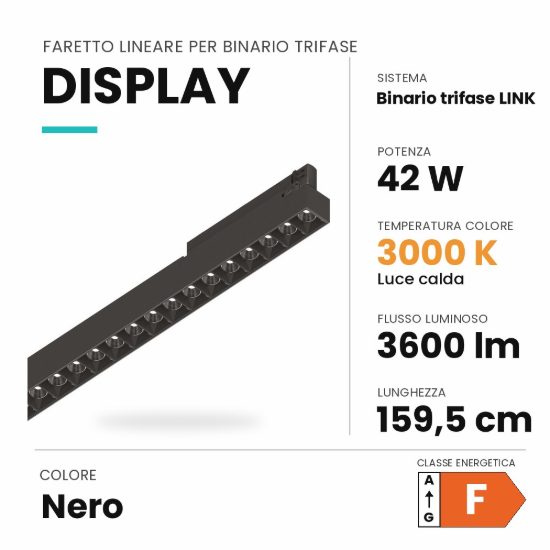 Ideal lux display lineare per binario trifase led 42w 3000k 159,5cm fascio stretto nero