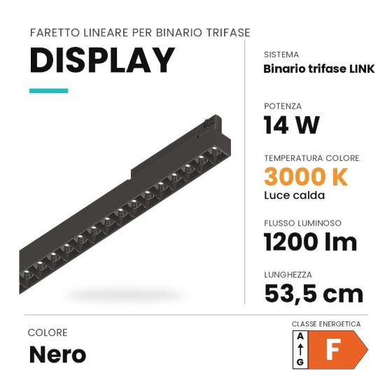 Ideal lux display lineare per binario trifase led 14w 3000k 53,5cm fascio stretto nero