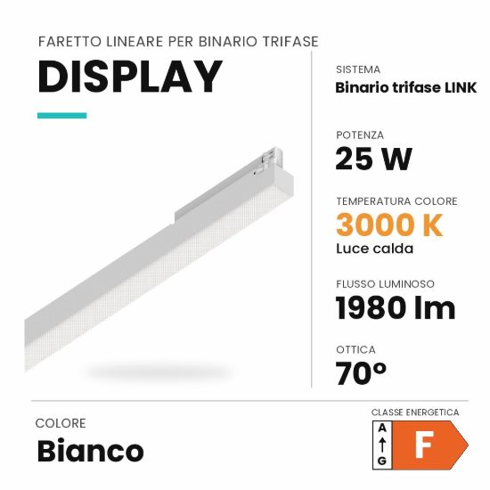 Ideal lux display lineare per binario trifase led 25w 3000k 106,5cm antiabbagliamento bianco