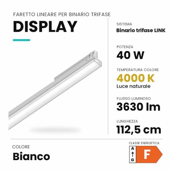 Ideal lux display lineare per binario trifase led 40w 4000k 112,5cm fascio largo bianco