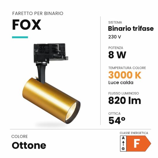 Ideal lux fox faretto per binario trifase orientabile led 8w 3000k cilindrico ottone