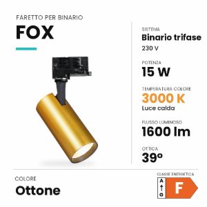 Ideal lux fox faretto per binario trifase orientabile led 15w 3000k cilindrico ottone