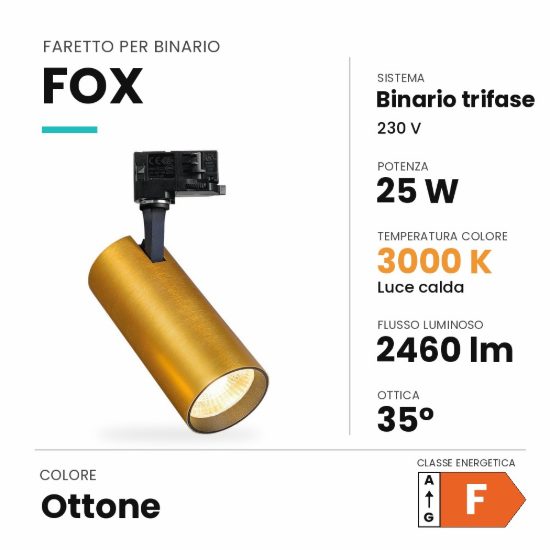 Ideal lux fox faretto per binario trifase orientabile led 25w 3000k cilindrico ottone