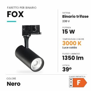 Ideal lux fox faretto per binario trifase orientabile led 15w 3000k cilindrico nero