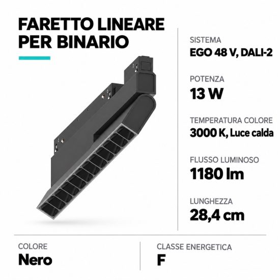 Ideal lux ego flexible accent faretto lineare per binario led 13w 3000k 28,4cm dali nero