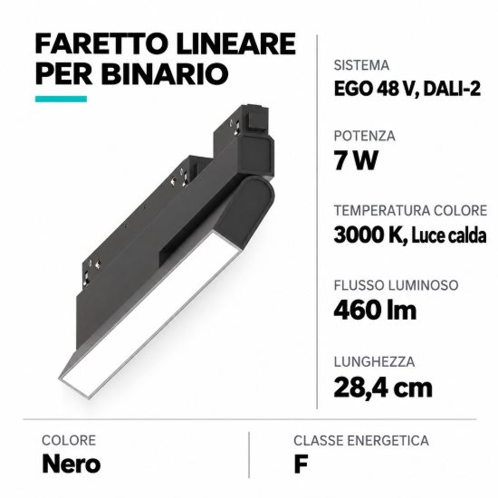 Ideal lux ego flexible wide faretto lineare per binario led 7w 3000k 28,4cm dali nero