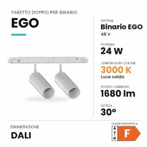 Ideal lux ego faretto doppio per binario 48v orientabile led 24w 3000k dali bianco