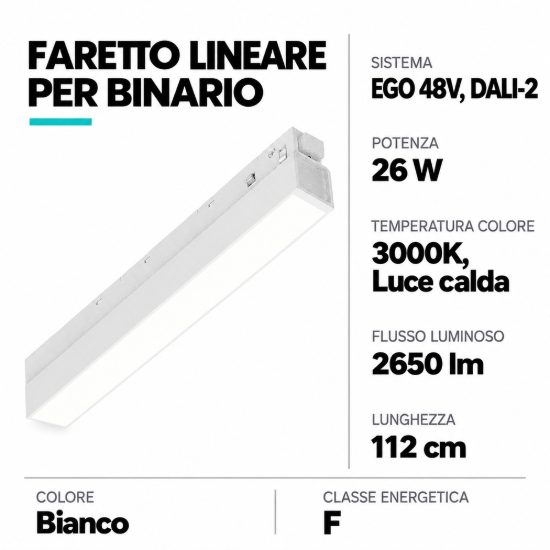 Ideal lux ego wide faretto lineare per binario led 26w 3000k 112cm dali bianco