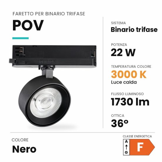 Ideal lux pov faretto per binario trifase orientabile led 22w 3000k rotondo moderno nero