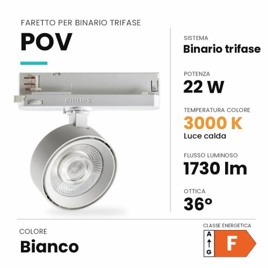 Ideal lux pov faretto per binario trifase orientabile led 22w 3000k rotondo moderno bianco