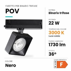Ideal lux pov faretto per binario trifase orientabile led 22w 3000k quadrato moderno nero