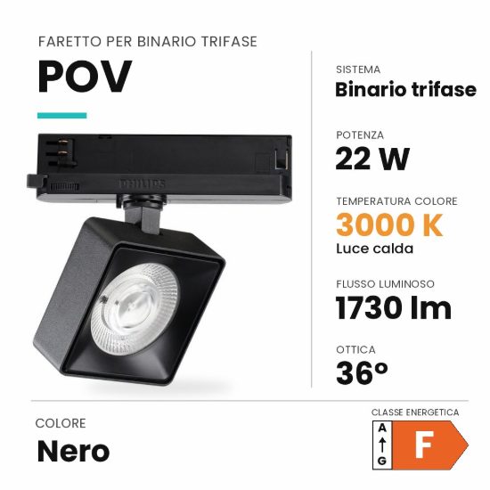Ideal lux pov faretto per binario trifase orientabile led 22w 3000k quadrato moderno nero