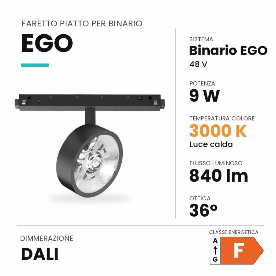 Ideal lux ego faretto piatto per binario 48v orientabile led 9w 3000k dali nero