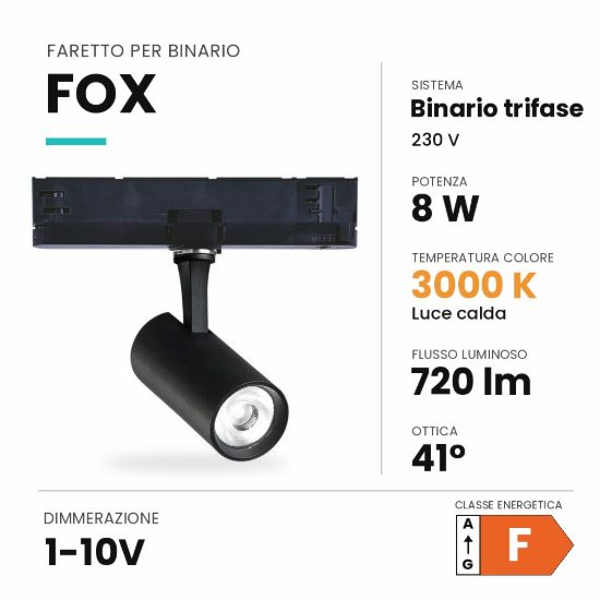 Ideal lux fox faretto per binario trifase orientabile led 8w 3000k 1-10v cilindrico nero