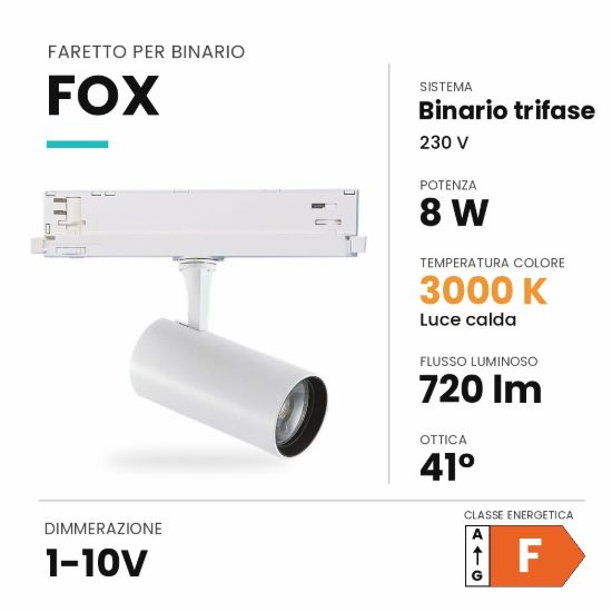 Ideal lux fox faretto per binario trifase orientabile led 8w 3000k 1-10v cilindrico bianco