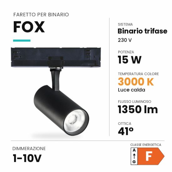 Ideal lux fox faretto per binario trifase orientabile led 15w 3000k 1-10v cilindrico nero