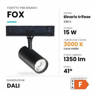 Ideal lux fox faretto per binario trifase orientabile led 15w 3000k dali cilindrico nero