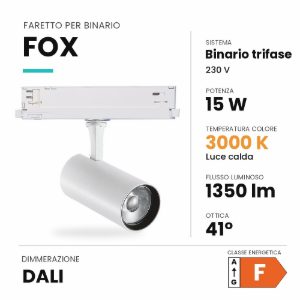 Ideal lux fox faretto per binario trifase orientabile led 15w 3000k dali cilindrico bianco