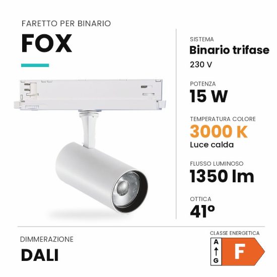 Ideal lux fox faretto per binario trifase orientabile led 15w 3000k dali cilindrico bianco