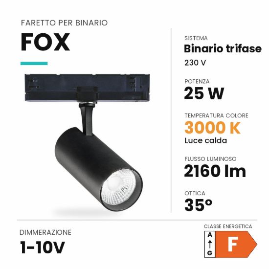 Ideal lux fox faretto per binario trifase orientabile led 25w 3000k 1-10v cilindrico nero