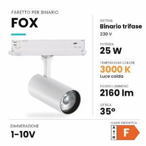 Ideal lux fox faretto per binario trifase orientabile led 25w 3000k 1-10v cilindrico bianco