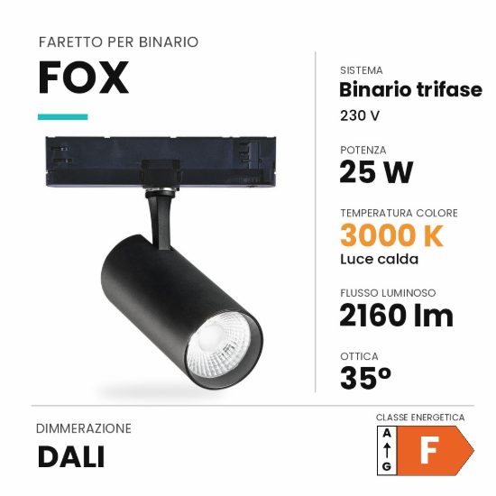 Ideal lux fox faretto per binario trifase orientabile led 25w 3000k dali cilindrico nero