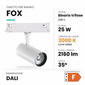 Ideal lux fox faretto per binario trifase orientabile led 25w 3000k dali cilindrico bianco